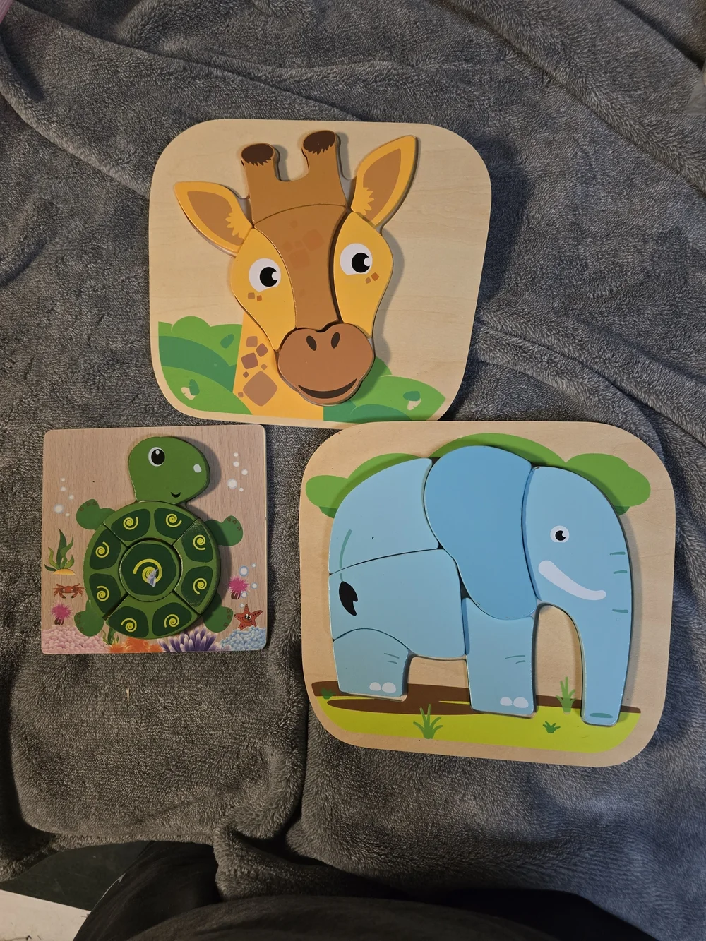 Wooden Animal Puzzle Set for Kids - Blue Elephant, Yellow Giraffe & Green Turtle